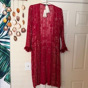 Red Sheer Embroidered Kimono